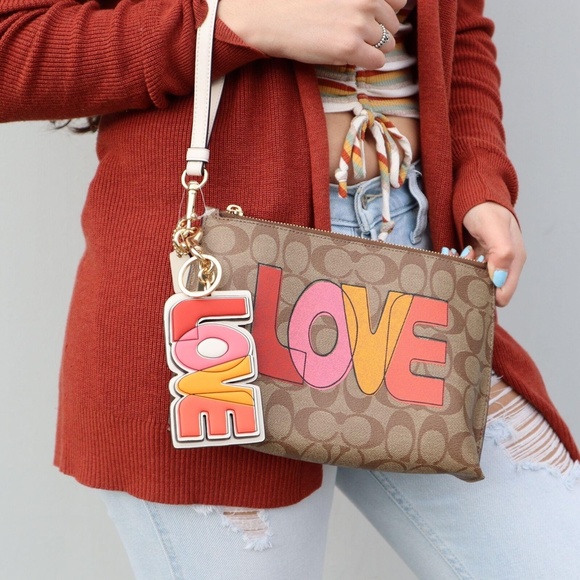 NEW Coach Large Leather Keyring KeyFob Bag Charm In Signature Canvas - Picture 7 of 12